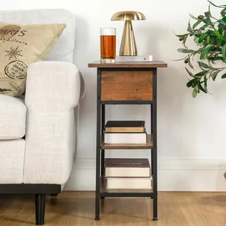 FurnitureR Nachttisch, Industrial, Vintage, Aufbewahrungsbox und Tablett, faltbar, Nachttisch mit Ladestation, 2 Steckdosen & 2 USB, großes offenes Regal mit 2 Ebenen, 60 x 30 x 60 cm