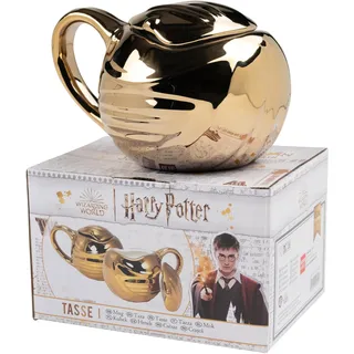 Harry Potter Tasse in Geschenkbox - goldener Schnatz Quidditch Kaffeetasse Becher Kaffeebecher aus Keramik Gold 450 ml