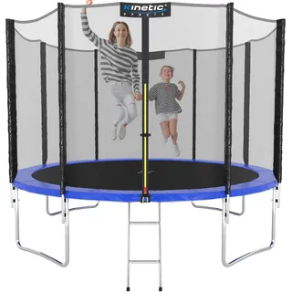 KINETIC SPORTS Trampolin Outdoor SALTO Ø 183/244/305/366/400/430/490 cm - Kindertrampolin Set mit Leiter, Netz, Randpolster, bis zu 160kg - Blau
