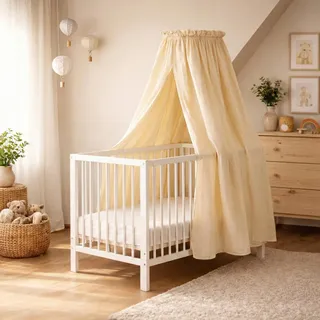 Betthimmel Babybett Set - Musselin Stoff mit montierter Himmelstange - Baldachin für Babybett zum Anklemmen - Himmelbett Vorhang & Kinderzimmer Deko in Creme oder Hellgrau (130 cm)