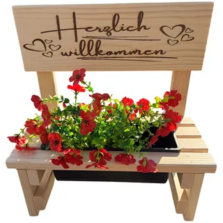KlaSa Kreativwerkstatt Blumenbank aus Holz mit Gravur,Dekorative Pflanzbank mit Blumenkasten,Geschenk für Mama,Oma,Opa–Gartenbank für Balkon&Terrasse, Outdoor Muttertag (Herzlich willkommen)