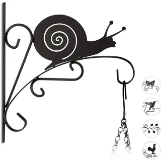 Relaxdays Blumenhaken mit Schnecke, Blumenampelhalter für Wand, schwarz | Metall, Garten-Deko Tier, HxBxT: 30 x 28 x 2 cm