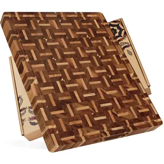 YOUSUNLONG End Grain Hackbretter - 51L x 41B x 3,8D cm - Fleischer-Block Eingebaute Saftrillen & Griff - Schneidebrett aus Akazienholz gemischt mit Eiche - Grill-Schale,Kochfeld-Brett