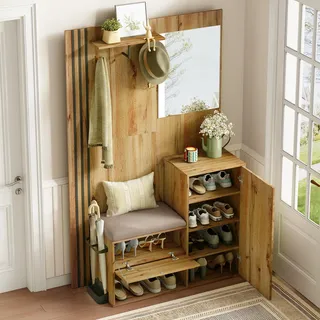 okwish Kompaktgarderobe Dielenschrank mit Spiegel und Schuhschrank mit Kissen,Garderobenset mit Soft-Close-Scharniere,Schirmablage und verstellbare Regale,Holz und Schwarz - Braun, Schwarz