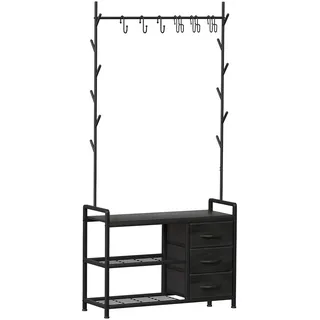 Metall Garderobe Sitzbank Stauraum 176x30x84cm Schwarze Holzmaserung | Leader Accessories Garderobenständer mit Schuhablage und Sitzbank Standgarderobe für Jacken Mäntel und Schuhe Flur