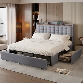 Flieks Polsterbett 160x200cm mit USB, Doppelbett Stauraumbett mit 4 Schubladen, Jugendbett mit Lattenrost, Funktionsbett Holzbett, Leinen, Hellgrau - Grau