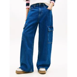 Loose-fit-Jeans TOMMY JEANS "CHARLIE MR LOOSE WD CARGO BJ4133", Damen, Gr. 31, Länge 32, denim medium, Denim/Jeans, Obermaterial: 99% Baumwolle, 1% Elasthan, weit lang, Jeans Loose-fit-Jeans, mit Cargotaschen, Mid Waist