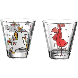 Kinderbecher LEONARDO "Kinderbecher Bambini 215 ml 2er Set", bunt (einhorn, flamingo), Glas, Trinkgefäße, Kinderbecher