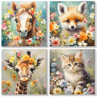 Lxmsja 4 Stück Malen Nach Zahlen Tier Erwachsene mit Rahmen, Malen Nach Zahlen Pferd Katze Fuchs Giraffe, Diy Set Erwachsene mit Pinseln und Acrylfarben Handgemalt Ölgemälde für Home Décor, 20x20 cm