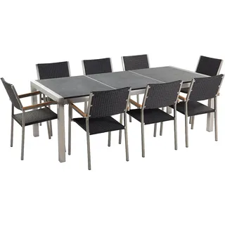 BELIANI Gartenmöbel Set Schwarz Granit Edelstahl Tisch 220 cm Geflammt 8 Rattanstühle Terrasse Outdoor Modern - Grau, Schwarz, Silber