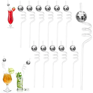 Disco-Kugel-Trinkhalme, Mini Spiegel-Kugel-Strohhalme, Wiederverwendbar, Cocktail Strohhalme, für Geburtstagsparty, Party und Bar Holiday, Silber, 12 Stück