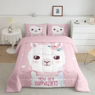 Feelyou Süßes Lama-Bettwäsche-Set für Doppelbett, weich, für Mädchen, Rosa, Lama-Alpaka-Bettwäsche-Set mit Kissenbezug, niedliche Punkte, Badezimmerdecke für Jungen