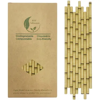 Gelber Bambus Strohhalme, 100 Stück Biologisch Abbaubar Yellow Bamboo Papier Trinkhalm Einweg für Cocktail, Saft, Kaffee, Limonade