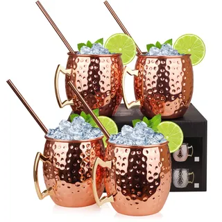 Hossejoy Moscow Mule Kupferbecher: Satz von 4 – Umfasst 4 x Becher 550ML, 4 Trinkhalme in Geschenkbox – Großartig für Cocktail Gekühlte Getränk – 100% Kupferzubehör Liebhaber
