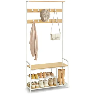 VASAGLE Garderobenständer, Garderobe, Kleiderständer 9 Haken, Schuhbank, Ablage, 30 x 85 x 180,5 cm, für Flur, Schlafzimmer, kleine Wohnungen, modern, eichenfarben-weiß HSR409W09