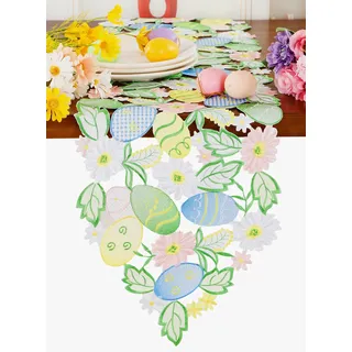 Oster-Tischläufer, Frühlingshasen, Eier, Blumen-Tischläufer, Cutwork, Bestickt, Blumen und Hasen, Eier, Kommode, Schal, Tischdekoration, Zuhause, Küche, Esszimmer, Tischdekoration (Läufer 33 x 172 cm