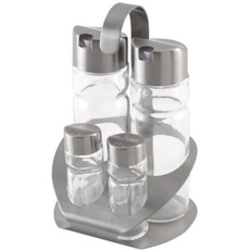 Monix Sabor - Menage, Essig- und Ölspender mit Salz- und Pfefferstreuer, Edelstahl und Glas, 4 Teile, Silber