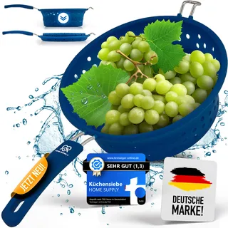 HOME SUPPLY 3-in-1 Faltbares Sieb aus Silikon und rostfreiem Edelstahl, Küchensieb, Nudelsieb, Dampfgar Einsatz, platzsparend, geschirrspülfest, 21cm - Blau