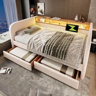 MODFU Polsterbett ,Schlafsofa,Polsterbett Tagesbett 140x190 cm, mit LED und USB-C Ladefunktion, mit 2 Schubladen Stauraum im Kopfteil, Leinen, Hellbeige (Ohne Matratze) - Beige