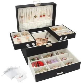 Schmuckkasten, Schmuckkästchen mit Schubladen für Damen Mädchen, PU-Leder Jewelry Box Schmuckbox Schmuckschatulle Groß Schmuckaufbewahrung für Ringe Ohrringe Armbänder Halsketten, Schwarz