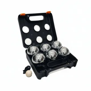 Relaxdays Boule Kugeln, 6 Stahlkugeln, Set mit Zielkugel, schwarz/Silber | Abstandsmesser & Koffer, Boccia Spiel