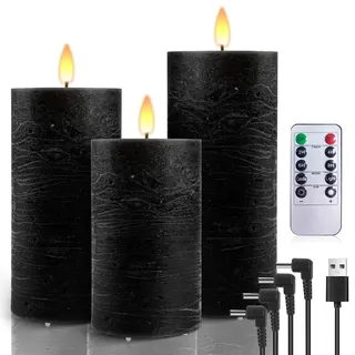 AiiBowy LED Kerzen Aufladbar USB Echtwachs [3er-Set] mit timerfunktion, Kerzen Flackernde Flamme, Adventskranz, LED Stumpenkerzen Outdoor für Halloween Weihnachten Dekoration Schwarz