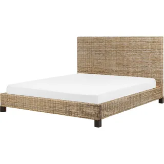 BELIANI Bett Natürlich Rattan und Mahagoniholz mit Lattenrost 180 x 200 cm Hohes Kopfteil Boho Doppelbett Schlafzimmer Ausstattung Möbel - Beige, Braun