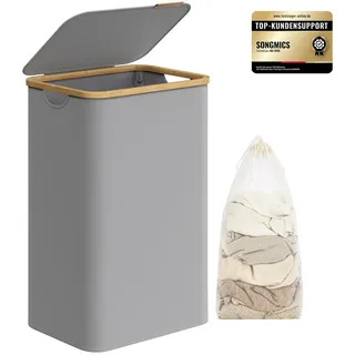 SONGMICS Wäschekorb mit Deckel, 90 L, Oxford-Stoff | herausnehmbares Netzfutter, Griffe aus Bambus, faltbar, 42 x 32 x 70,5 cm, Taubengrau, ROXANNE Kollektion LCB509G01