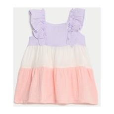 M&S Collection Kleid aus reiner Baumwolle mit Rüschen und Blockfarben (0-3 Jahre) - Pink Mix, Pink Mix, 6-9 Monate