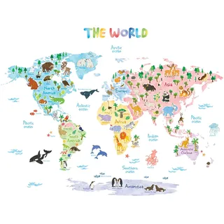 Decowall DAT-1615S Weltkarte Tierweltkarte Tiere Wandtattoo Wandsticker Wandaufkleber Wanddeko für Wohnzimmer Schlafzimmer Kinderzimmer (Groß) (Englisch Ver.)