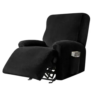 Highdi Schwarze Samt Stretchhusse für Relaxsessel, 4-teilig getrenntes elastisches Komplett-Set, Einfarbiger Sesselschoner mit Seitentasche für Fernsehsessel & Liegesessel