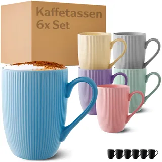 Cosumy Kaffeetassen 6er Set Modern Bunt Pastell 350ml - Einzigartiges Streifenmuster - Matt Keramik - Mikrowellenfest - Spülmaschinenfest & Komfortabler Griff