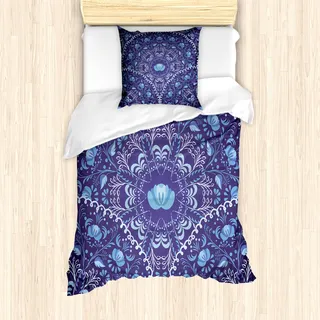ABAKUHAUS Ethnisch Bettbezug Set für Einzelbetten, Kreisform Oriental Blumen, Milbensicher Allergiker geeignet mit Kissenbezug, Marineblau Kokosnuss Babyblau - Blau