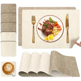 Myir JUN Tischsets Abwaschbar und Untersetzer 6er Set, Platzsets Abwaschbar Doppelseitig Bedruckt Kunstleder Schmutzabweisend & rutschfest, Platzdeckchen Abwischbar mit Lederoptik für Esszimmer