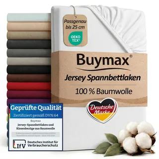 Buymax Spannbettlaken 140x200cm Baumwolle 100% Spannbetttuch Bettlaken Jersey, Matratzenhöhe bis 25 cm, Farbe Weiß