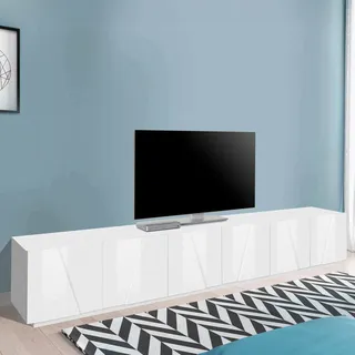 Dmora - TV-Schrank Lucas, niedriges Wohnzimmer-Sideboard, Fernsehständer-Basis, 100 % Made in Italy, 244 x 44 x 46 cm, glänzendes Weiß,