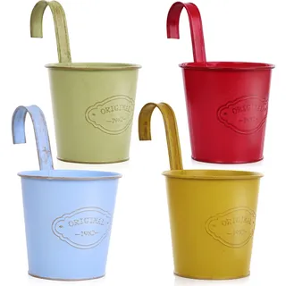 CITÉTOILE 4er Set Hängender Blumentopf mit Drainageloch, Bunter Metall-Blumentopf mit Abnehmbar Haken, Vintage Style Dekotation Balkon Garten Wand Zaun Draussen Innenwand, Modell-03