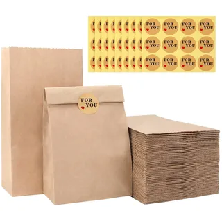 G2PLUS 100 Stück Braun Papiertüten Klein, Kraftpapier Geschenktüten, Papiersäckchen Klein 13x8x24CM, Tüten aus Kraftpapier mit Aufkleber, Braun Standbeutel für Geschenke, Adventskalender