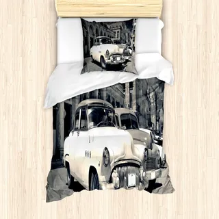 ABAKUHAUS Oldtimer Mantele, Amerikanische Autos Havanna, Milbensicher Allergiker geeignet mit Kissenbezügen, 135 cm x 200 cm - 80 x 80 cm, grau Beige - Grau, Beige