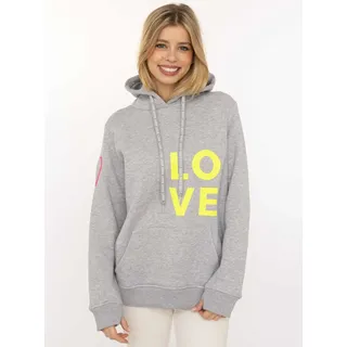 Kapuzensweatshirt ZWILLINGSHERZ, Damen, Gr. SM (S/M), grau (hellgrau, melange), Sweatware, Obermaterial: 50% Baumwolle, 50% Polyester, unifarben mit Farbeinsatz, normal hüftlang, V-Ausschnitt, Sweatshirts Kapuzensweatshirt, mit gesticktem Neon Herz am Ärmel und "Love" Schriftzug auf Kordel