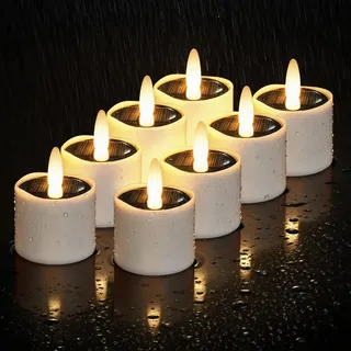 HL Solar Teelichter Für Außen, Solarkerzen Außen Wasserdicht, Solar Kerzen Outdoor Dusk To Dawn Solarlichter Wiederaufladbar LED Flackernd Für Garten Party Tisch Deko (Warmweiß 8 Stück 5×6cm)