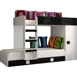 Etagenbett für Kinder Toledo 2 Stockbett mit Treppe und Bettkasten (Weiß + Schwarz Glanz)