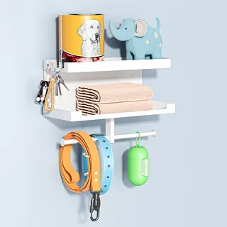 Hundegarderobe mit Ablage, Hundeleinen Halterung Wand, Schwarz Wandhalter für Hundeleine, Metall Hunde Garderobe Schlüsselbrett, für Hundeleine, Trainingsleckerlis, Kauspielzeug, Schlüssel(Weiß)