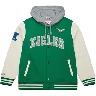Mitchell & Ness Courtside Fleece NFL Vintage College Jacke mit Kapuze - Philadelphia Eagles, Größe M, Druckknopf Verschluss, Herren, Frauen, Kinder, Unisex, Frühling, Sommer, Herbst, Winter