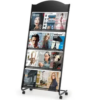 Vimunie Mobiler Prospektständer Zeitschriftenständer mit 4 Etagen, Metall-Prospekthalter für Magazine- Schwarz