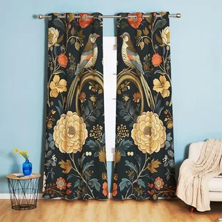 Omgoods – Vintage-Vorhänge, blickdicht, mit Ösen – Set aus 2 Stück, Blumen- und Vogelmuster, Verdunkelnd