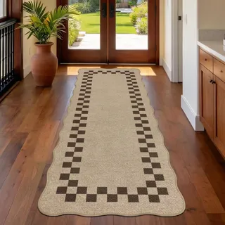 Geanup Teppich Läufer Flur rutschfest 60x180cm, Waschbar Jute Aussehen Küchenteppich, Braun Kariert Flurläufer, Modern Haltbarer Teppichläufer für Eingang Wohnzimmer Korridor Schlafzimmer Balkon