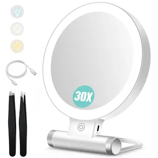 B Beauty Planet Kosmetikspiegel mit Beleuchtung, 30 fache/1-fach Doppelseitige Tischspiegel,3 Farblichter, DimmbarerSchminkspiegel,Reisen Kosmetik Spiegel mit Beleuchtung(Weiß 30x Kosmetikspiegel)