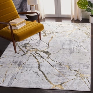 SAFAVIEH Zeitgenössische Teppich für Wohnzimmer, Esszimmer, Schlafzimmer - Amelia Collection, Kurzer Flor, Grau und Gold, 135 X 196 cm