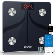 RENPHO Körperfettwaage, Bluetooth Personenwaage Körperanalysewaagen mit App, Smart Digitale Waage für Körperfett, BMI, Gewicht, Muskelmasse, Wasser, 300x300 mm, 3xAAA-Batterien